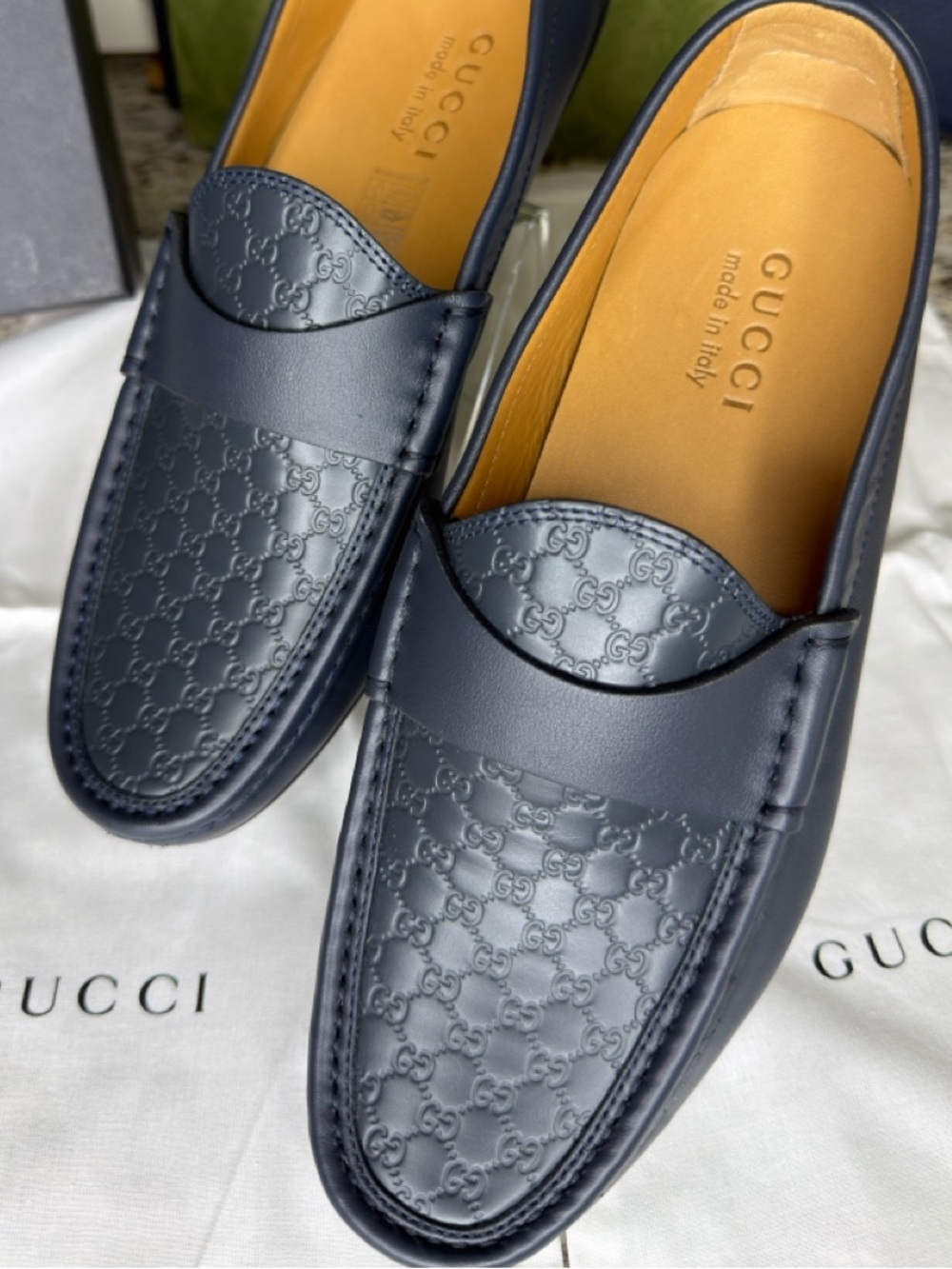 GUCCI Navy GG Microguccissima Leather Driver Loafer Size IT 6 Box Made Italy New - Picture 2 of 12